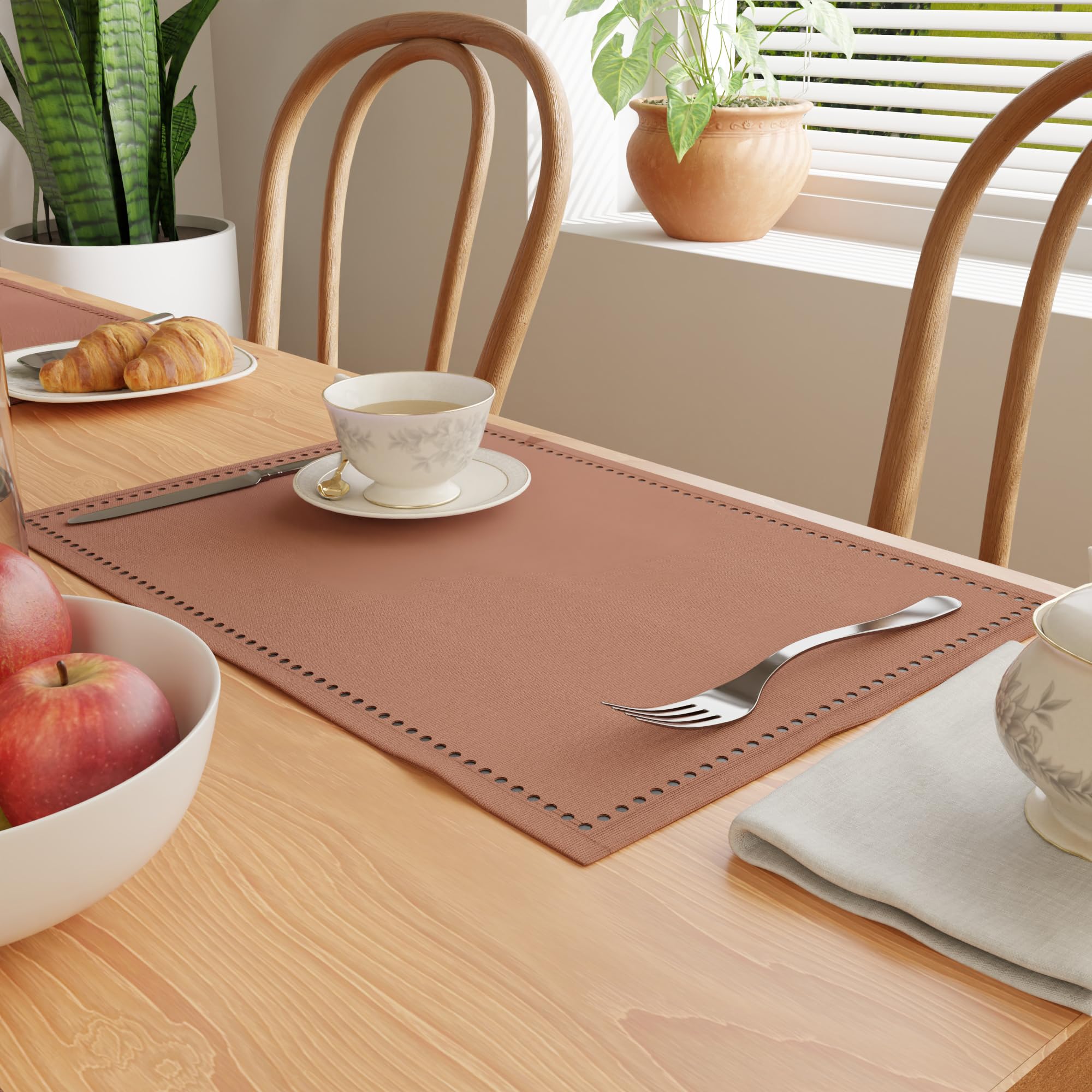 Encasa XO Placemats Set of 4 | Pure Cotton Hemstitched Design | Tan | Rectangular 48x32 cm - Dining Table Mat | Machine Washable