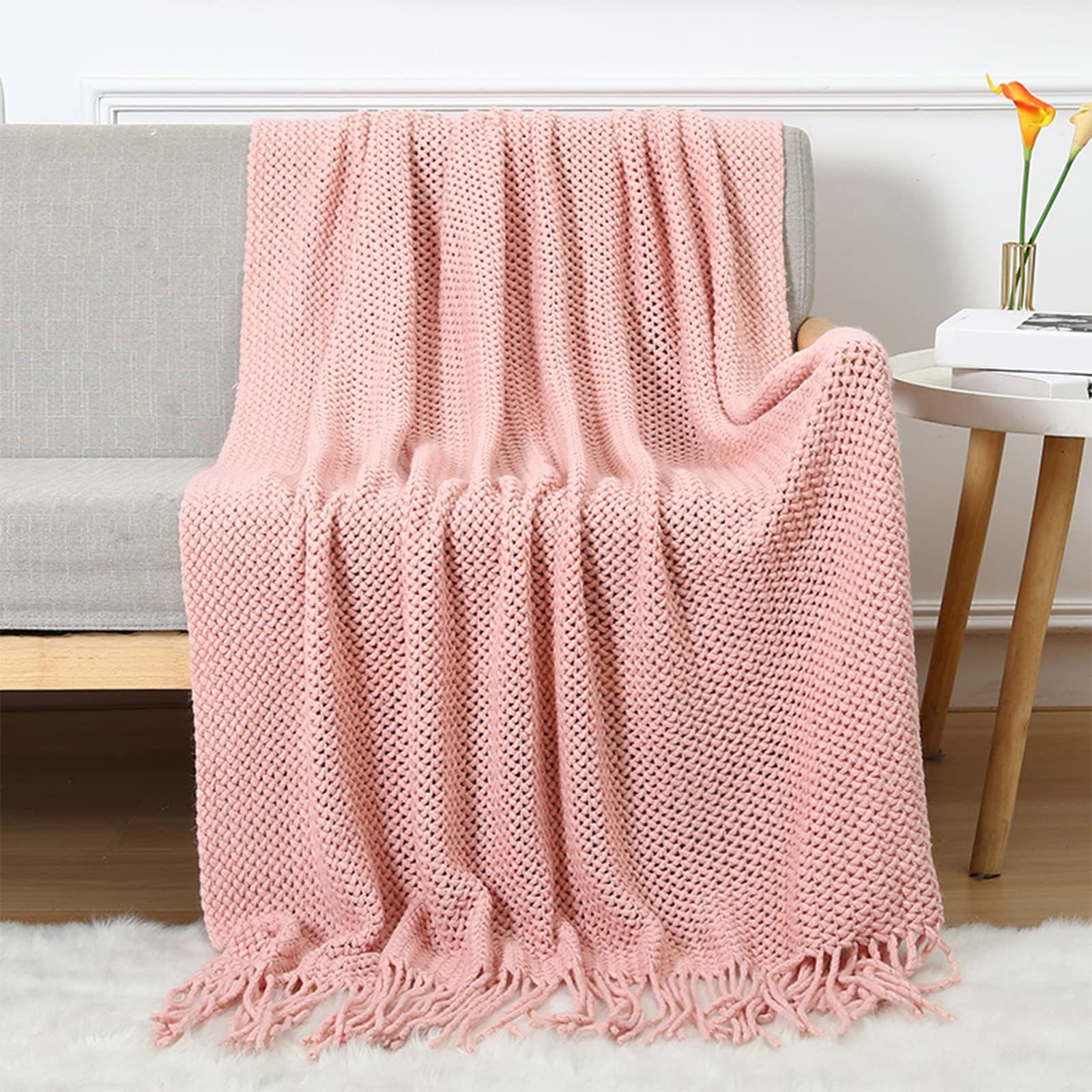 LumiSyne Knitted Throw Blanket With Tassel Breathable Cellular Blanket Nordic Style Soft Cozy Couch Cover Decorative Blanket For Sofa Bed Settee Armchair