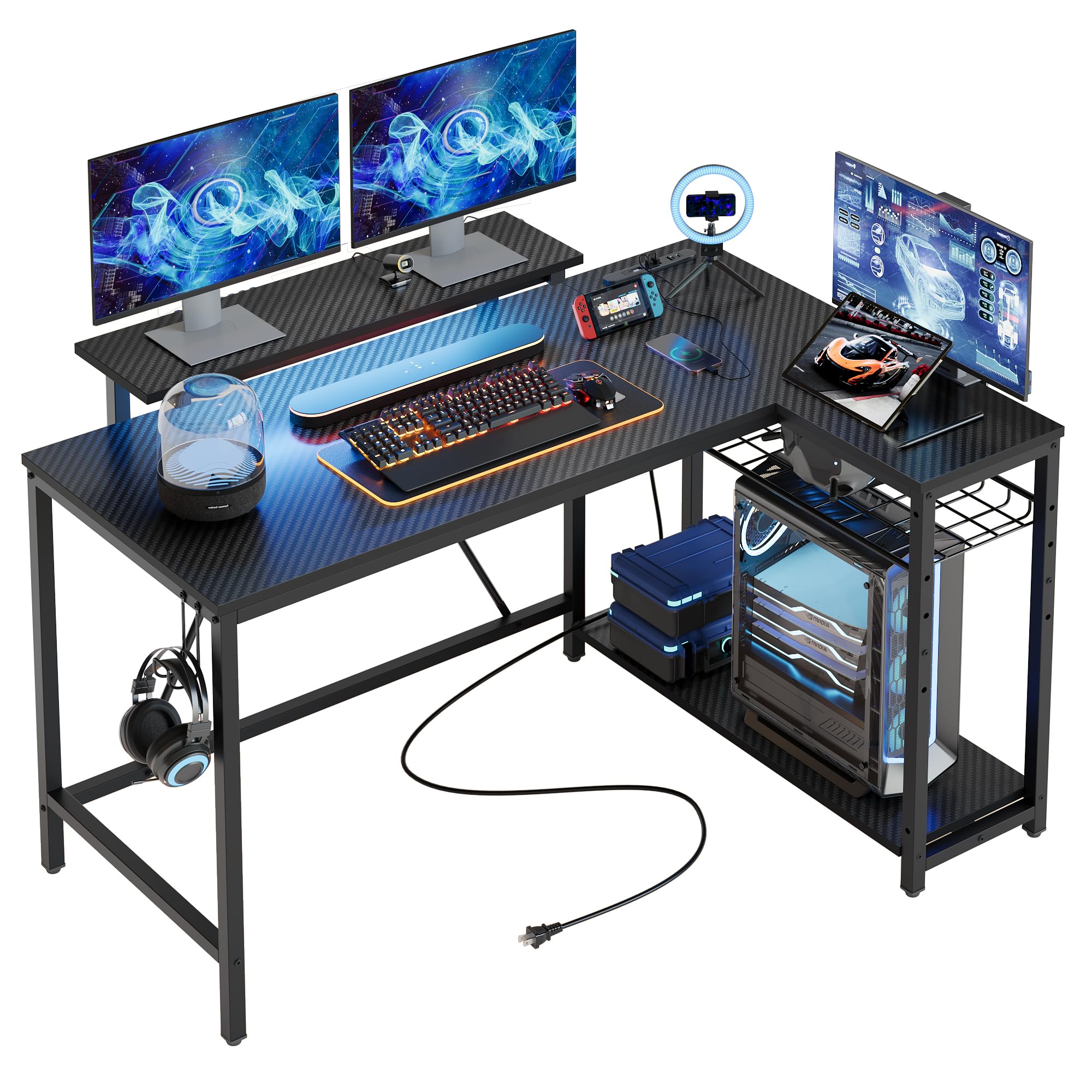 Bestier ゲーミングデスク L字デスク コンセント付き 幅122cm USB-C対応 パソコンデスク 机 pcデスク L字型 収納ラック付き LEDライト付き 棚板高さ調節可能 モニター台付き ブラック商品画像