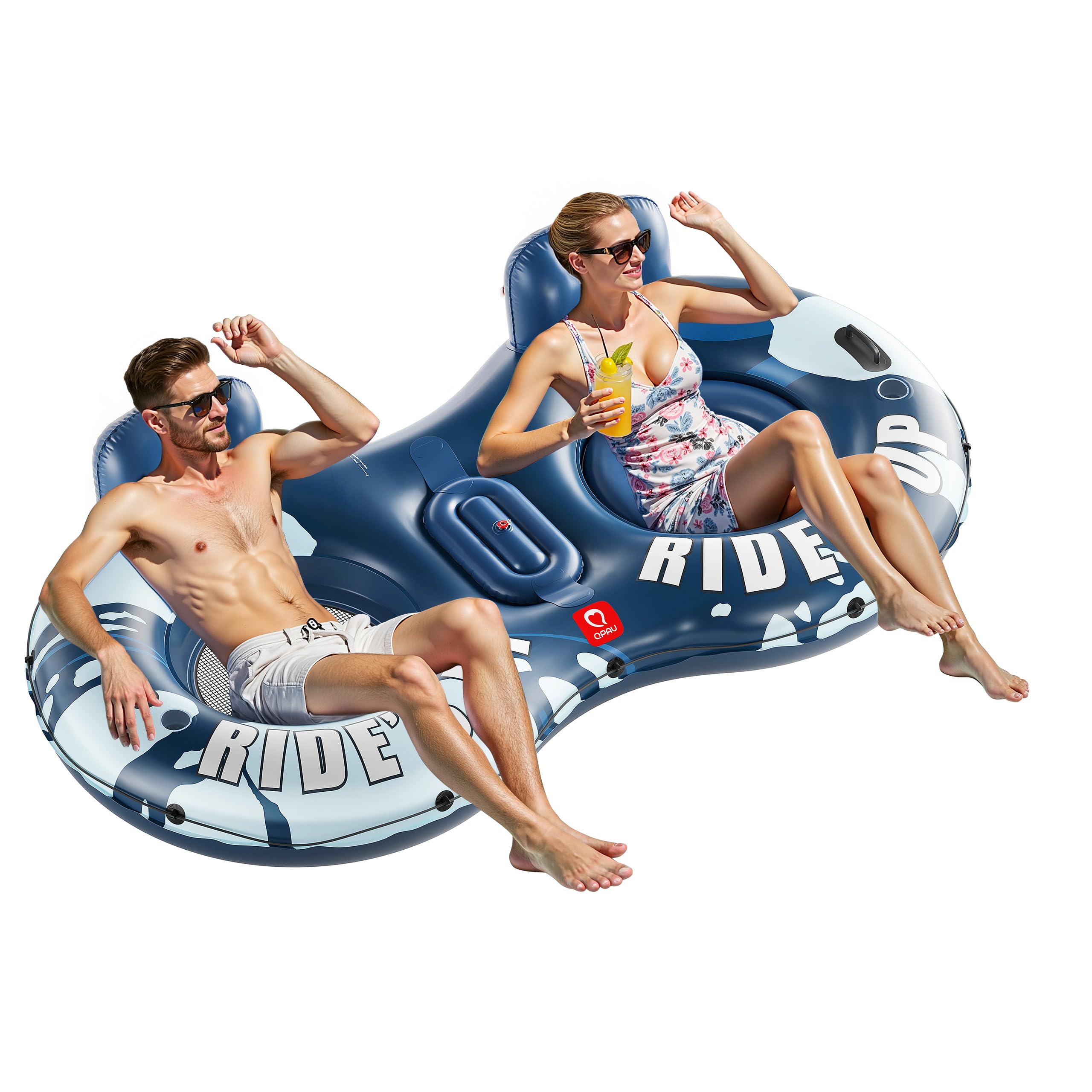 Photo 1 of QPAU Inflatable Double River Tube, 2 Person 660lb Capacity, Puncture-Resistant 93" Sturdy Heavy Duty River Float, River Raft with Ergonomic Backrest, Cooler & Cup Holders for Family (Navy Blue)