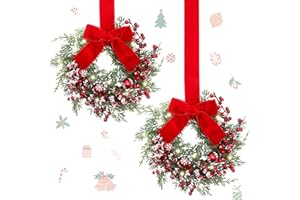 Thiccywoov 2 Pcs 9 Mini Christmas Wreath for Front Door Christmas Red Artificial Bell Berries Wreath for Cabinet Wedding Window Home Wall Indoor Decor