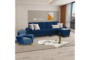Pingliang Home Sectional Sofa Couch Set for Living Room,Velvet Accent Chair and 4-Seater Polyester L Shaped Couch with Ottoman, Dark Blue