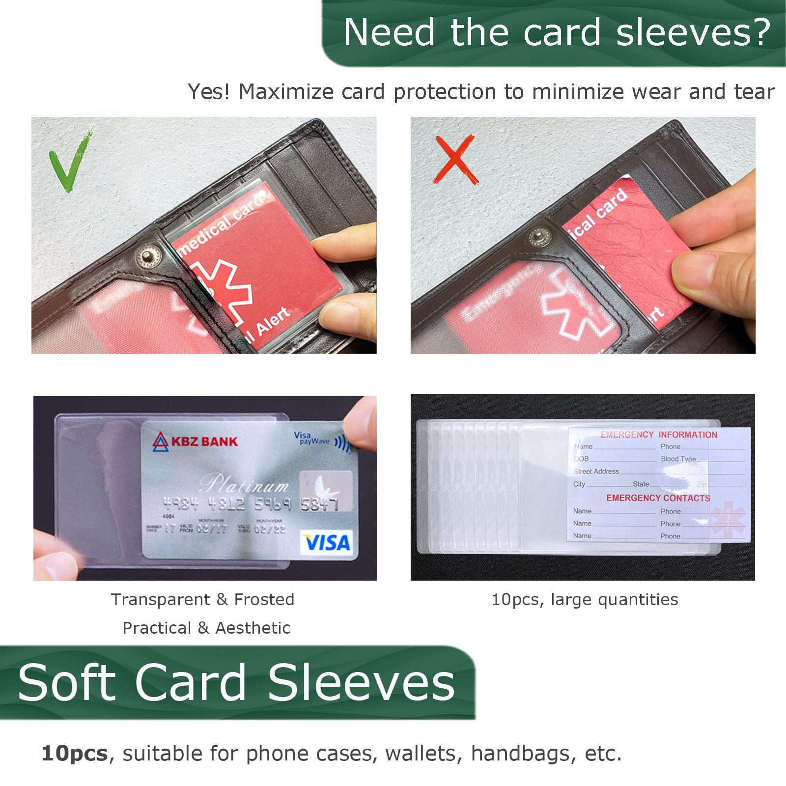 Emergency Contact Card for Wallet 10 Pack with 10 Sleeves, Red Thick Cardstock Medical Alert Allergy Cards for Wallet, Medication List Wallet Size Card for Phone, Handbags, Retirement Community
