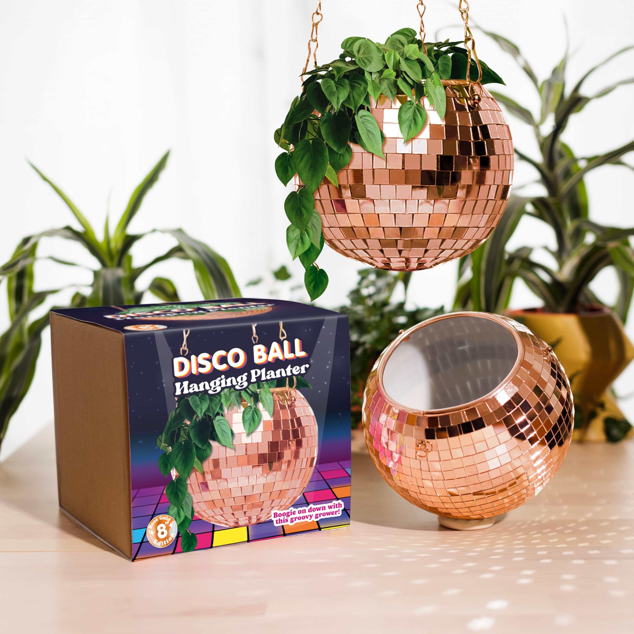 Bubblegum Stuff - Rose Gold Disco Ball Hanging Planter - Hanging Basket For Indoor Plants, Rose Gold Chain & Rim, Herb Planter - Room Decor 8 inch