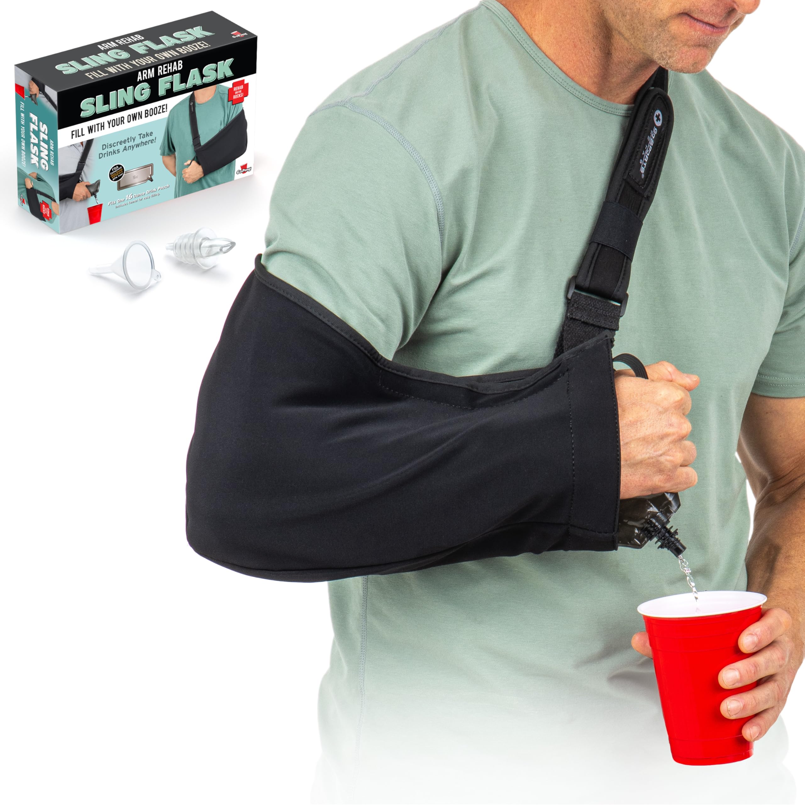 Photo 1 of GoPong Arm Sling Flask (16 oz Total) - Hidden Alcohol Flask for Liquor Disguise – Secret Liquor Drink Container for Concerts, Sports Events, & Theme Parks – Includes Funnel & Spout