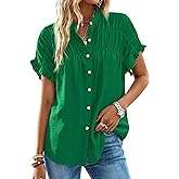 MASCOMODA Womens 2026 Button Down Shirts Ruffle Short Sleeve Loose Summer Tops Dressy Casual V Neck Business Work Blouses