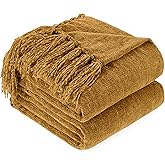 GINAMUSE Chenille Throw Blanket for Couch with Tassels,50"X60" Soft Cozy Lightweight Knitted Boho Decorative Blankets for Bed and Sofa,Yellow