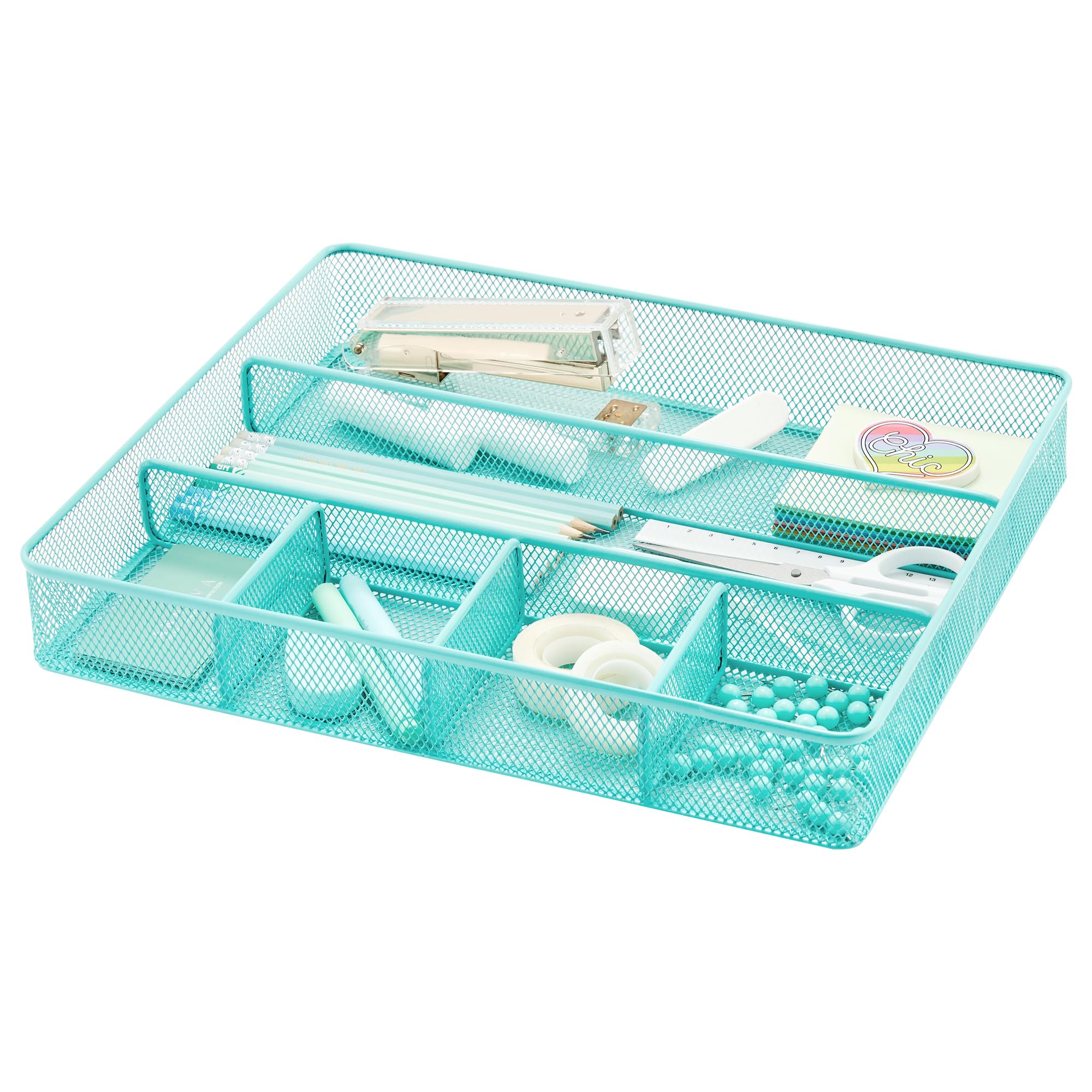 Annova Desk Drawer Organizer/Storage Tray - Metal Mesh with Dividers for Pens, Desktop Accessories, Bathroom, Kitchen, Makeup and Office Supplies (Turquoise)