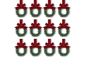 Retrowavy 12 Pcs Christmas Kitchen Cabinet Wreaths with Ribbon 3.94 Inch Mini Christmas Wreath Small Kitchen Wreath Greenery Wreath for Window Door (Burgundy,Classic Style)