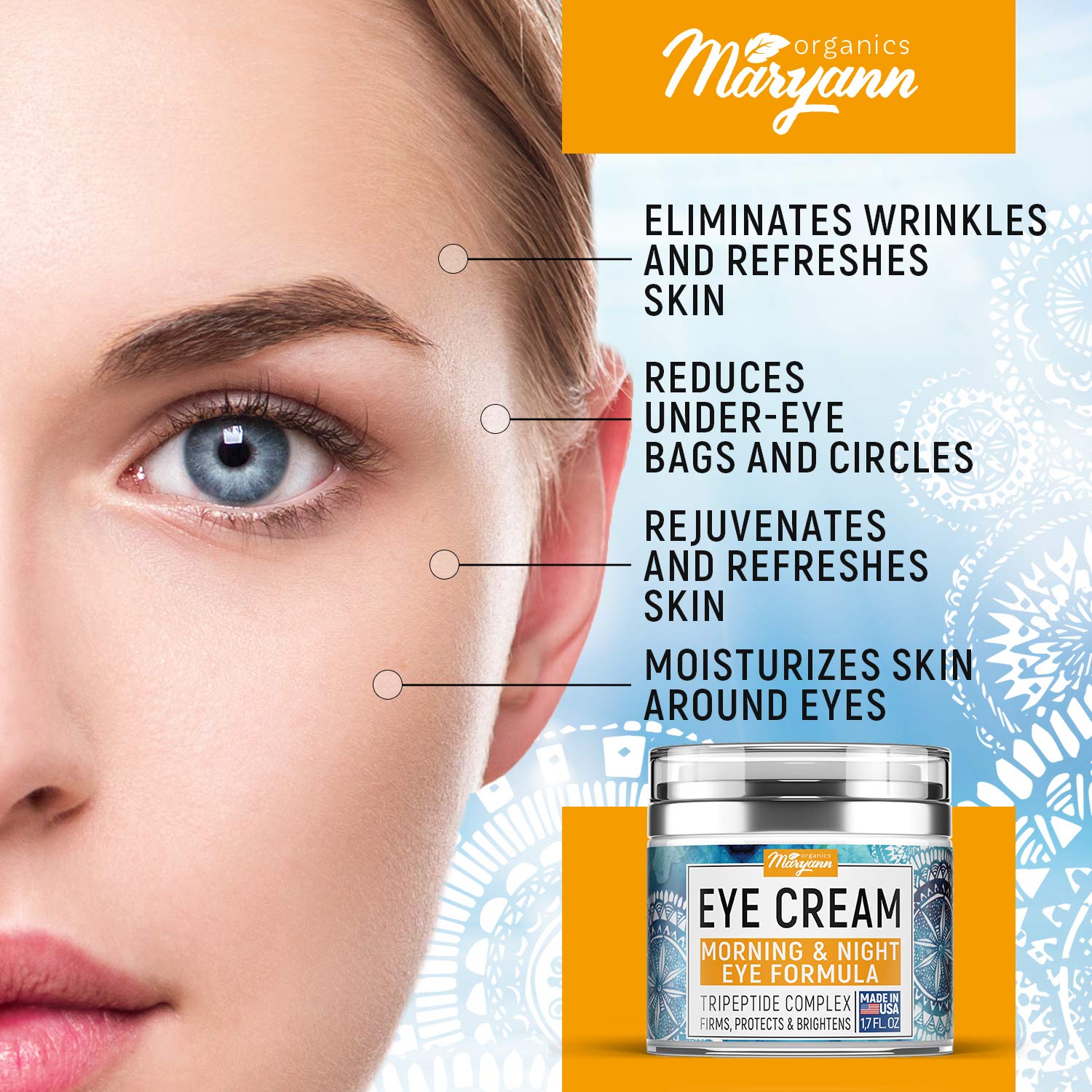 MARYANN Organics Eye Cream - Natural Formula with Hyaluronic Acid, Vitamin E & Aloe Vera - Made in USA - Anti Aging Cream for Women - Cleanse, Moisturize, and Protect Your Skin: Beauty