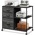 DEVAISE 3 Drawer Mobile File Cabinet, Rolling Printer Stand with Open Storage Shelf, Fabric Lateral Filing Cabinet fits A4 or Letter Size for Home Office, Charcoal Black Wood Grain Print