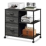 DEVAISE 3 Drawer File Cabinet, Mobile Filing Cabinet Rolling Printer Stand with Open Storage Shelf, Fabric Lateral Filing Cabinet fits A4 or Letter Size for Home Office, Charcoal Black Wood Grain