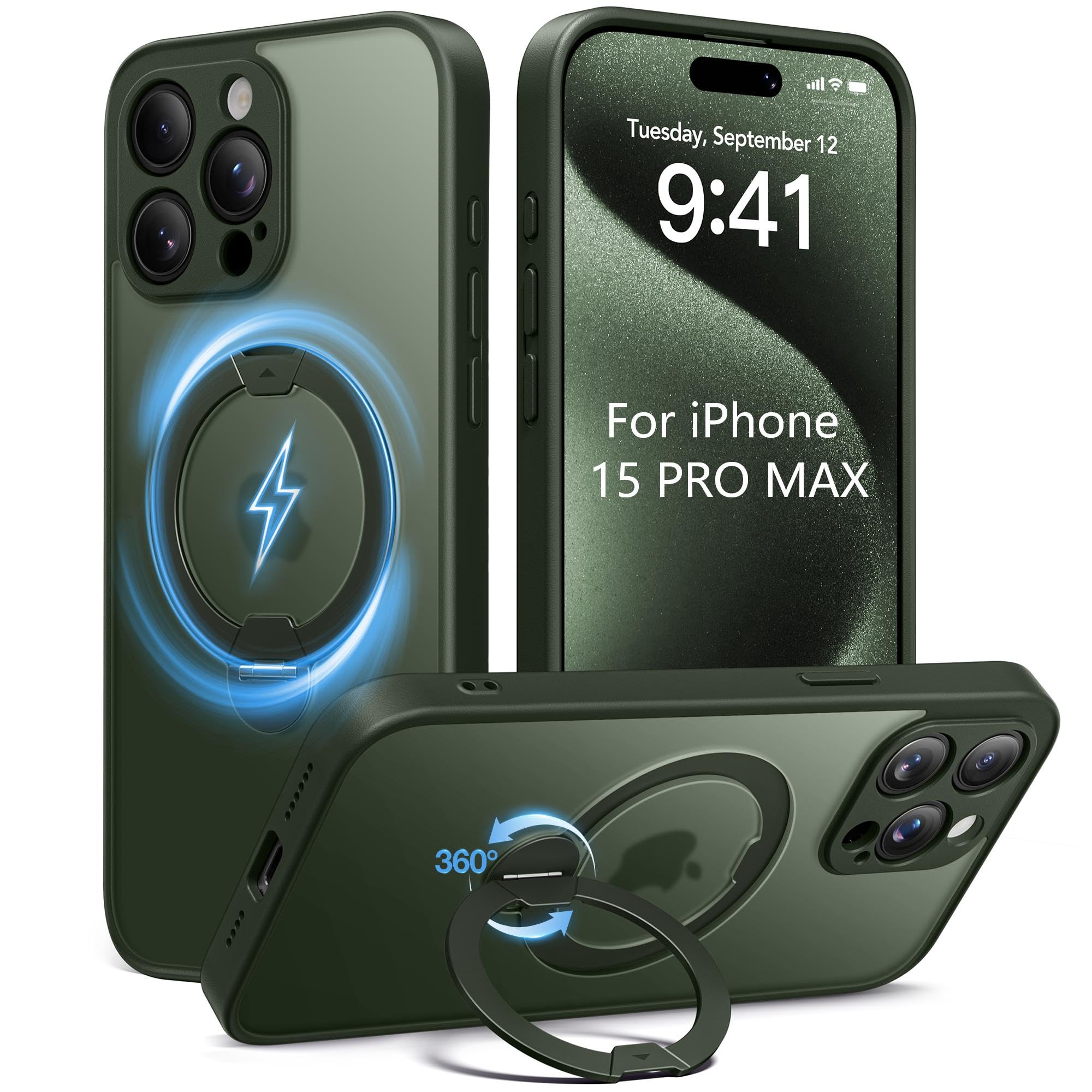 Dibrell Magnetic for iPhone 15 Pro Max Case,[Unbreakable & Magnetic Stand] [Military-Grade Protection] [Phone Case Compatible with MagSafe] Slim Translucent Matte Shockproof Phone Cover,Deep Green