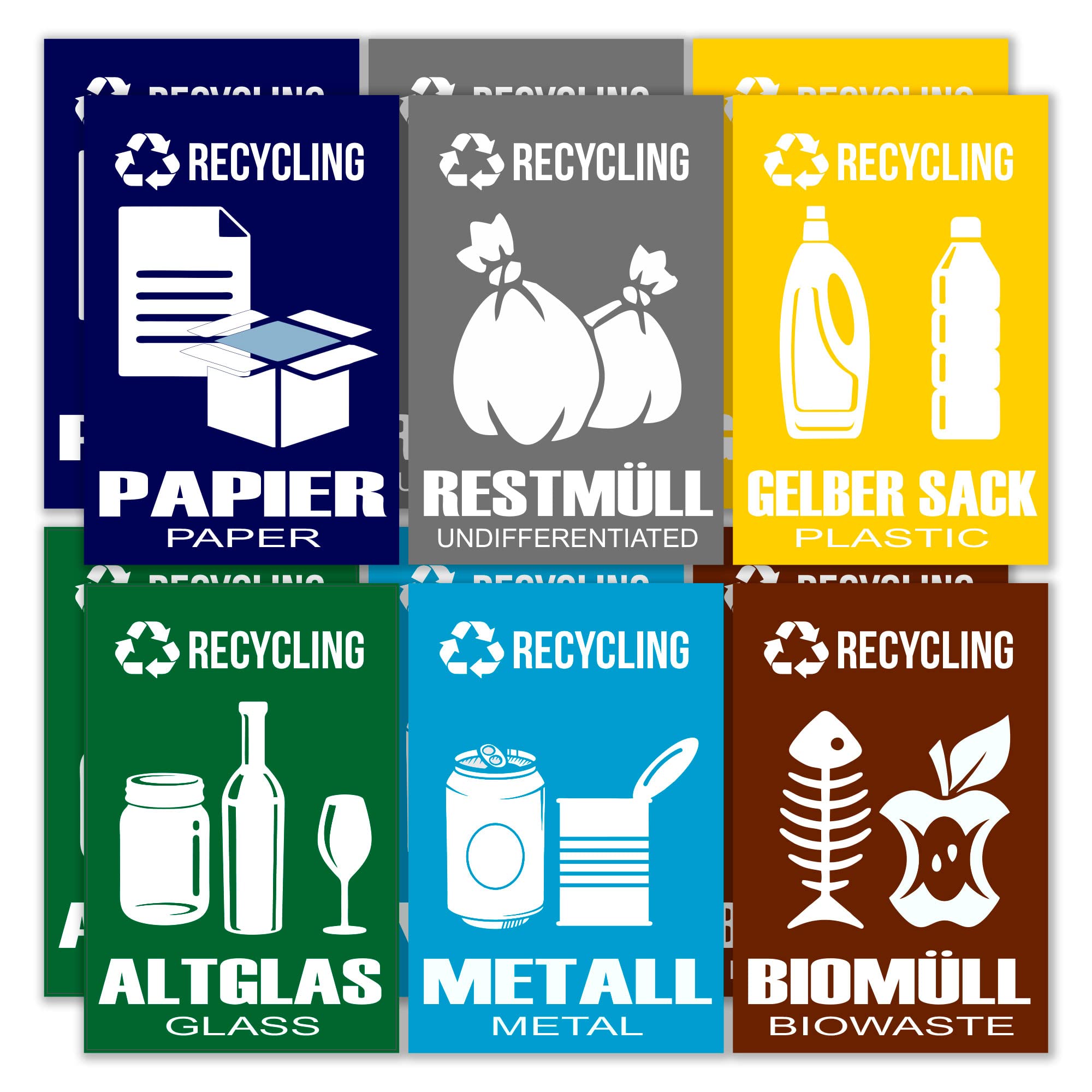 GamesMonkey® - Separate Collection Small Recycling Waste Stickers – DE – V4 – Waterproof Washable Funny Children – Italian English – Complies with UNI 11686 (8.5 x 5.5 cm, 12 Pieces)