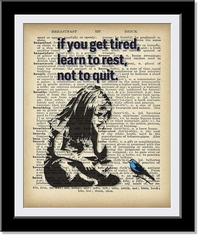 Banksy Wall Art - Girl with blue bird - if you get tired, learn to rest, not to quit - Dictionary Vintage Background Prints Wall Art Pictures Paintings UnFramed…