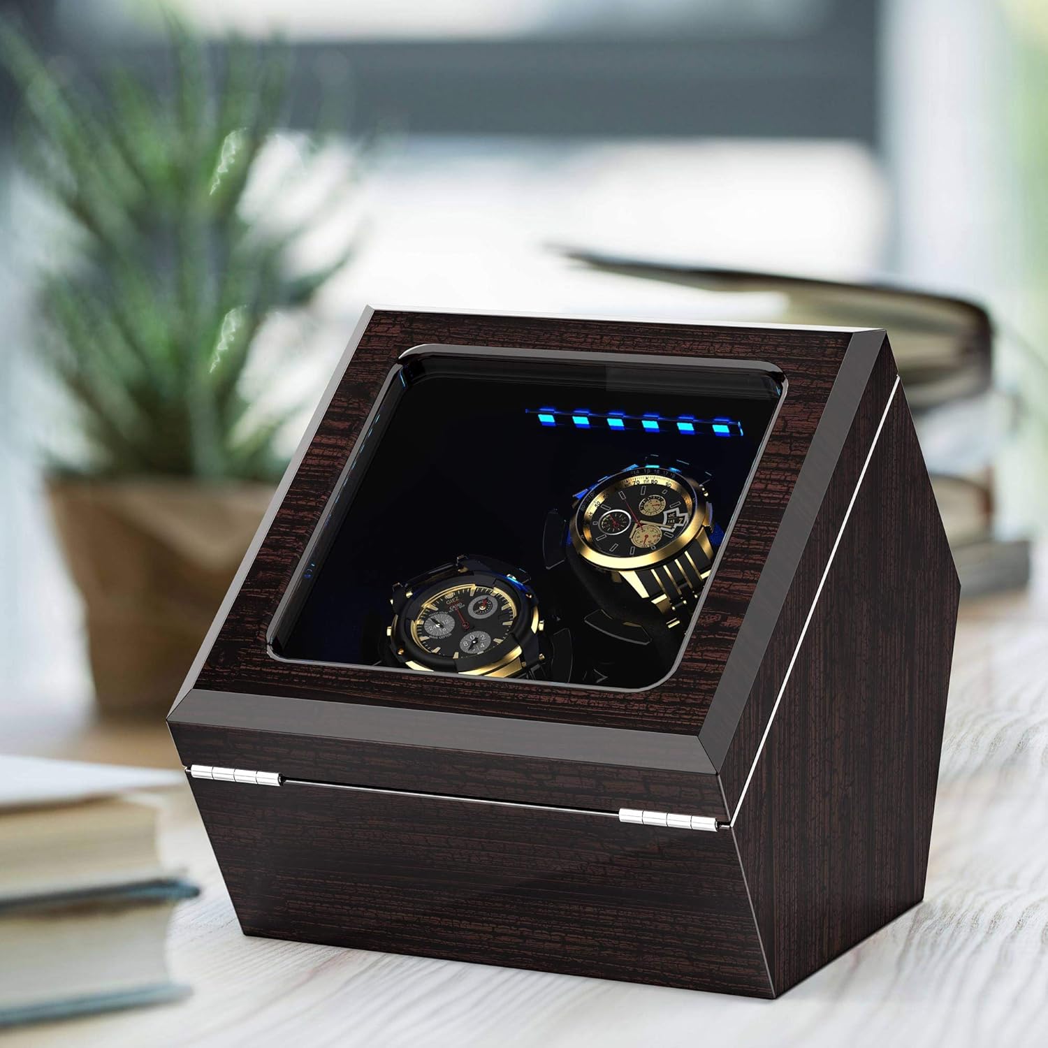 High End Double Watch Winder for Rolex with Soft Flexible Watch Pillows, Blue Led Light, Open and Shut Down Featured, Pine Bark Pattern, Two Extra Over Size Watch Pillows Included (Pine BARK Pattern): Watches
