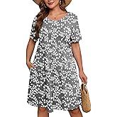 AusLook Plus Size Women's Summer Short Sleeves Crew Neck Midi Dresses Casual Loose Fitting Tank Sundress with Pockets