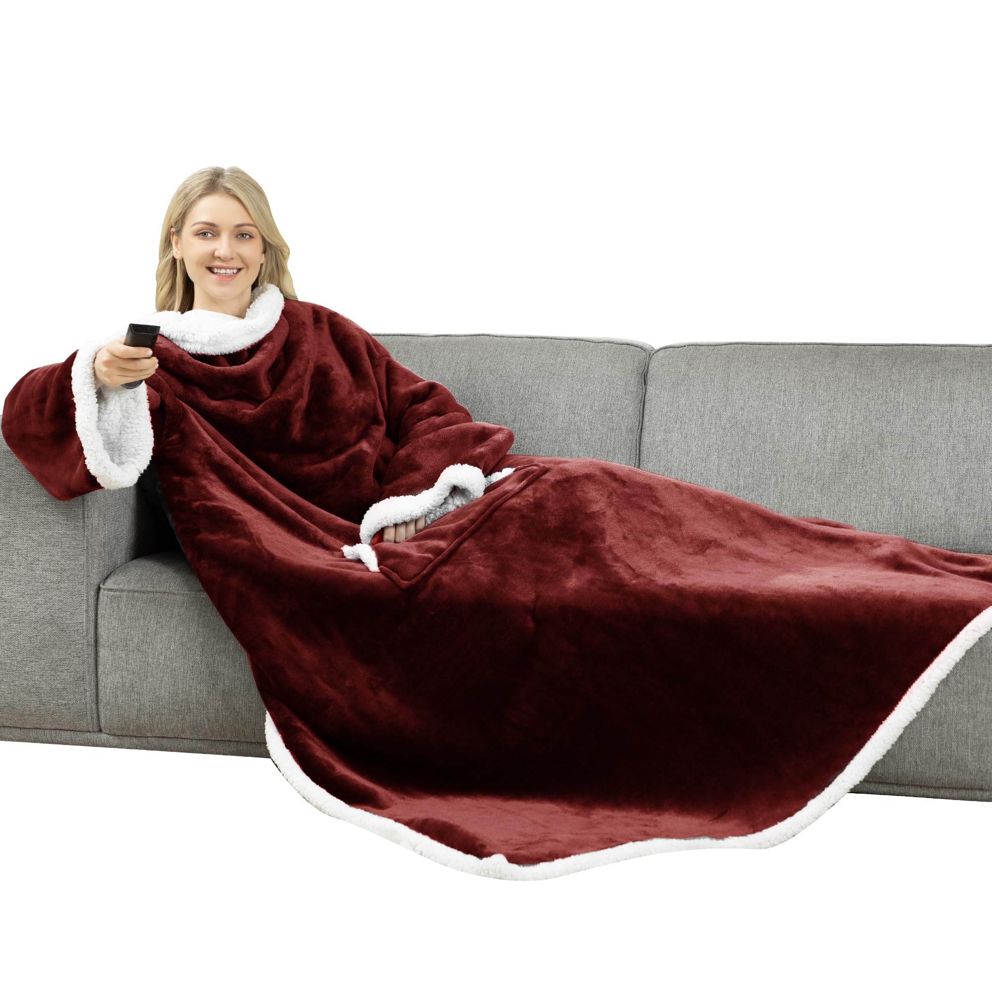Winthome Double Warmer Wearable Blanket with Sleeves, Super Soft Sherpa Blanket for Adult Women Men (Wine Red) — image 1