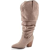 mysoft Women's Wide Calf Knee High Boots Cowgirl Low Chunky Stacked Heel Wide Width Pointed Toe Slouchy Tall Boots with Zippers