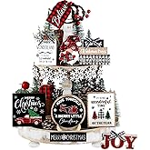 Dandat 15 Pcs Christmas Tiered Tray Decor - Red & Black Buffalo Plaid, Snowflake, Tree, Gnome, Truck - Wooden Signs - Farmhouse Christmas Decor for Home, Table, Shelf