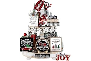Dandat 15 Pcs Christmas Tiered Tray Decor - Red & Black Buffalo Plaid, Snowflake, Tree, Gnome, Truck - Wooden Signs - Farmhouse Christmas Decor for Home, Table, Shelf