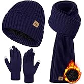 3 PCS Winter Hat Scarf Gloves Set, Soft Warm Knit Beanie Hat Touchscreen Gloves Long Knitted Scarf Set Winter Gifts for Men