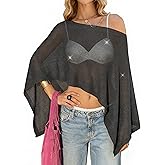WeciBor Women's Sheer Poncho Tops Y2K Sparkly Knit Bolero Sweater Cover Up Beachwear for Beach Clothing
