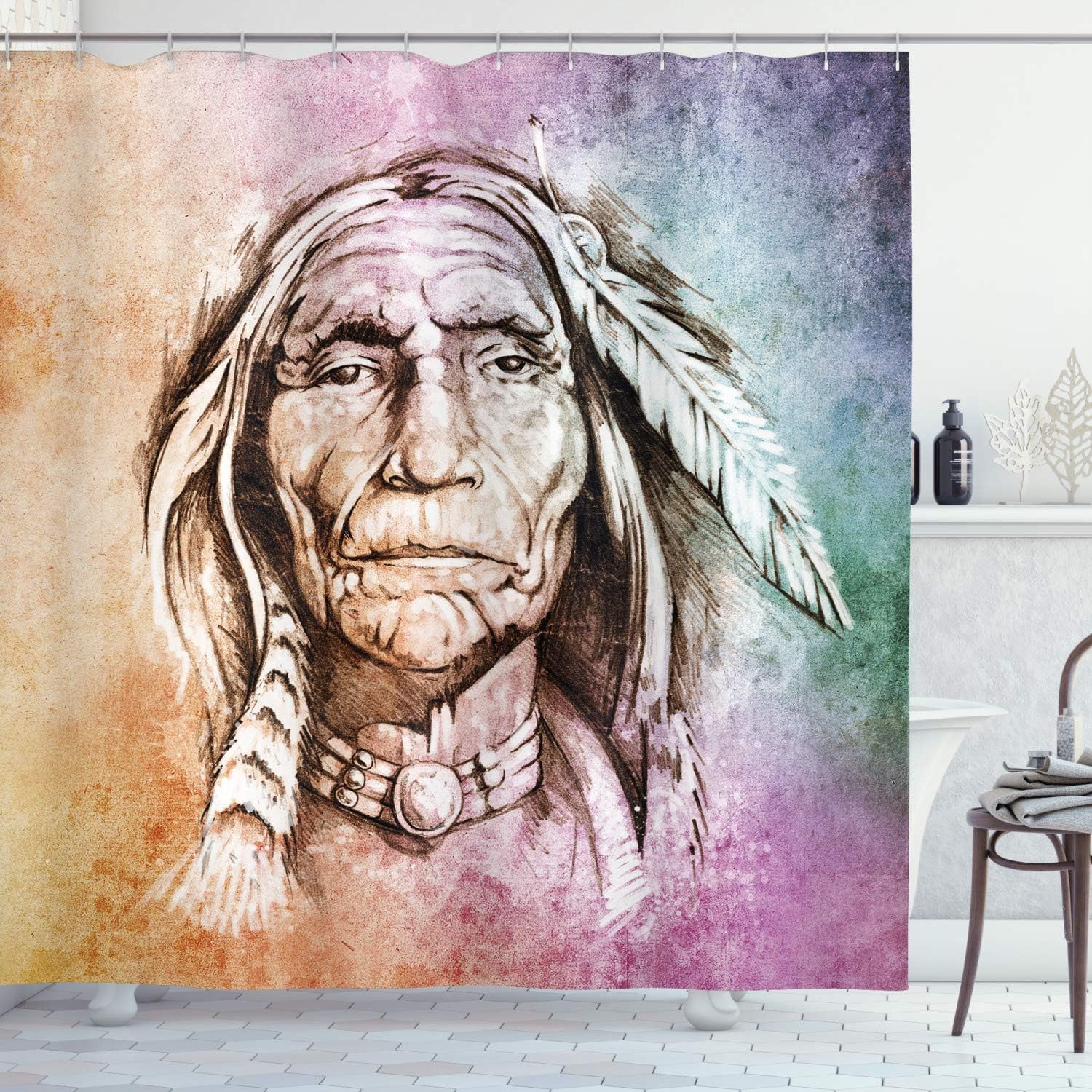 Ambesonne Colorful Shower Curtain, Portrait of Chief with Feather Band Watercolor Style Image, Cloth Fabric Bathroom Decor Set with Hooks, 84