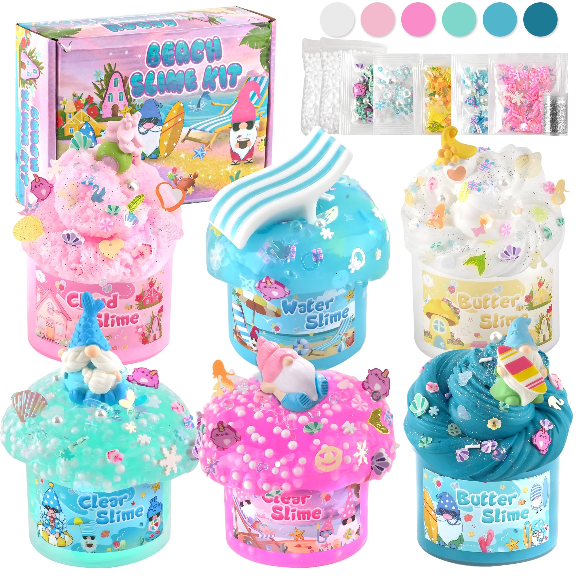 LAWOHO 6 Pack Mermaid Gnomes Slimes, Pink & Blue Slime Kit for Kids with Cloud, Clear, Butter & Water Slime, Fluffy Slime Party Favors, Slime Kits for Girls & Boys Birthday Halloween Christmas Easter — image 1