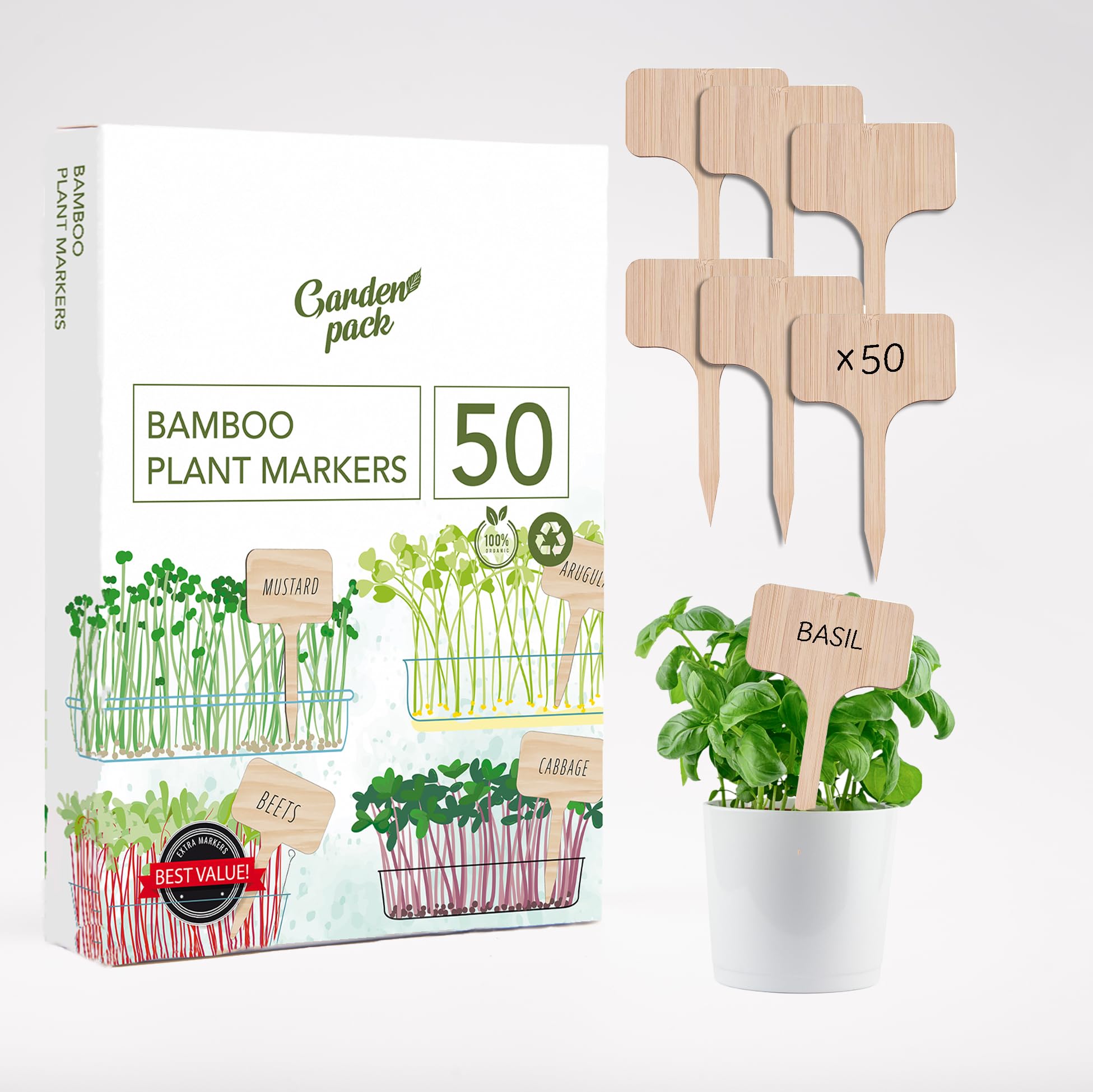 50 Bamboo Plant Labels by Garden Pack - T-Type Wooden Plant Markers with Packing Box - Perfect Plant Labels for Outdoor Plants and Indoor Flowers, Herbs