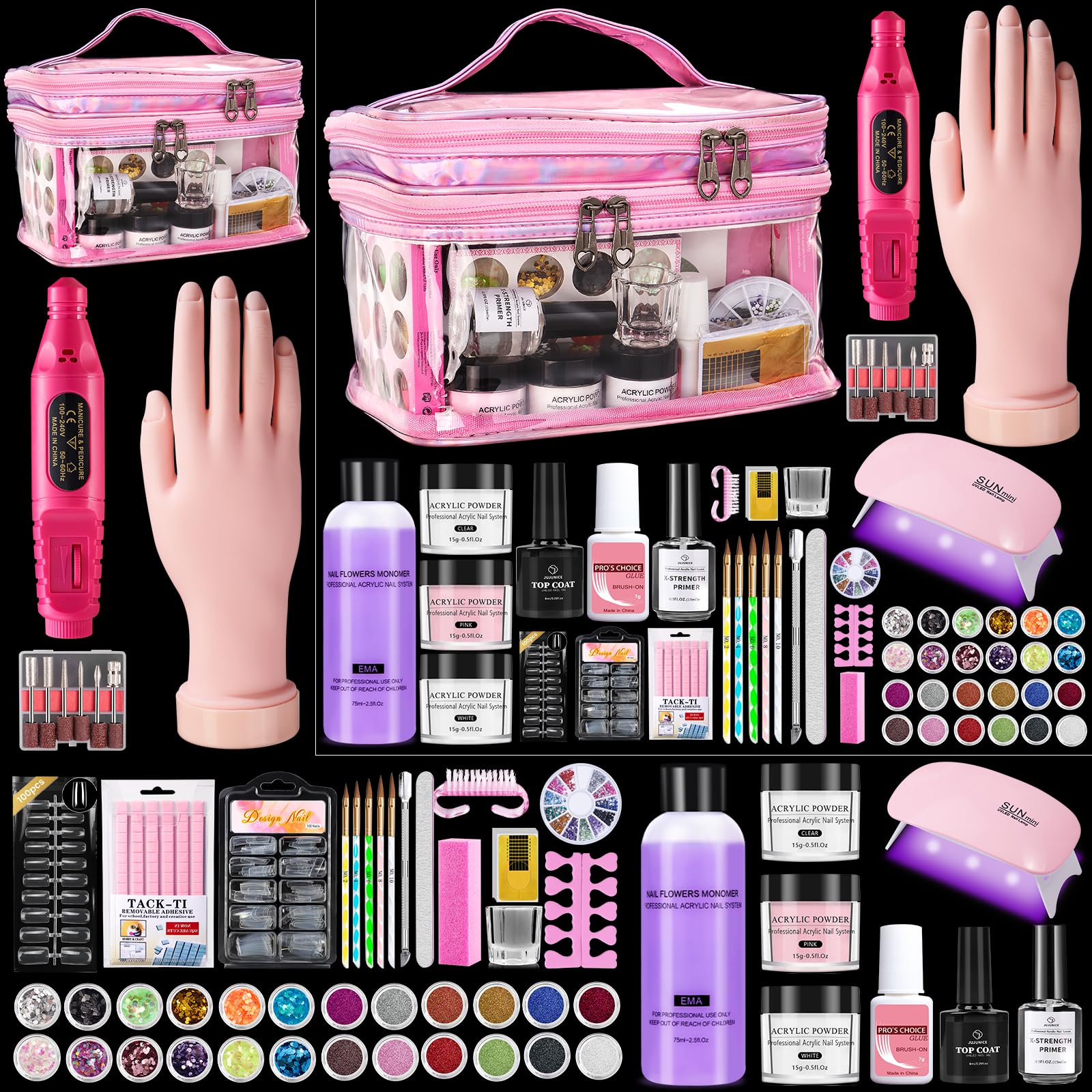 Deciniee Acrylic Nail Kit: Practice Hand Acrylic Powder Set with UV Lamp and Electric Nail Drill-False Nail Tips Manicure Full Set for Beginners Home Salon-Nail Art Decoration Tools in Pink Gift Bag