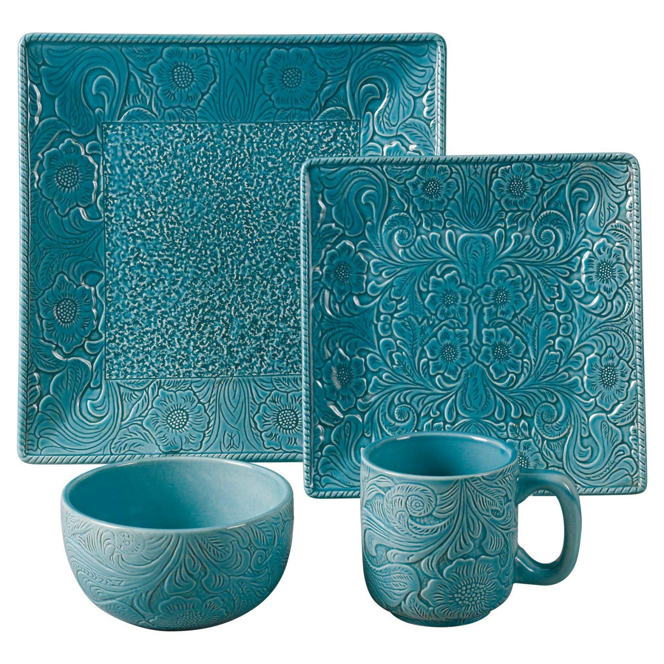 HiEnd Accents DI4001-OS-TQ Savannah 16-Piece Western Dinnerware Set, Dinner Plate-10.75", Salad Plate-8.75", Mug-16 oz, Soup Bowl-5.75", Turquoise
