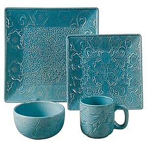 HiEnd Accents DI4001-OS-TQ Savannah 16-Piece Western Dinnerware Set, Dinner Plate-10.75", Salad Plate-8.75", Mug-16 oz, Soup Bowl-5.75", Turquoise