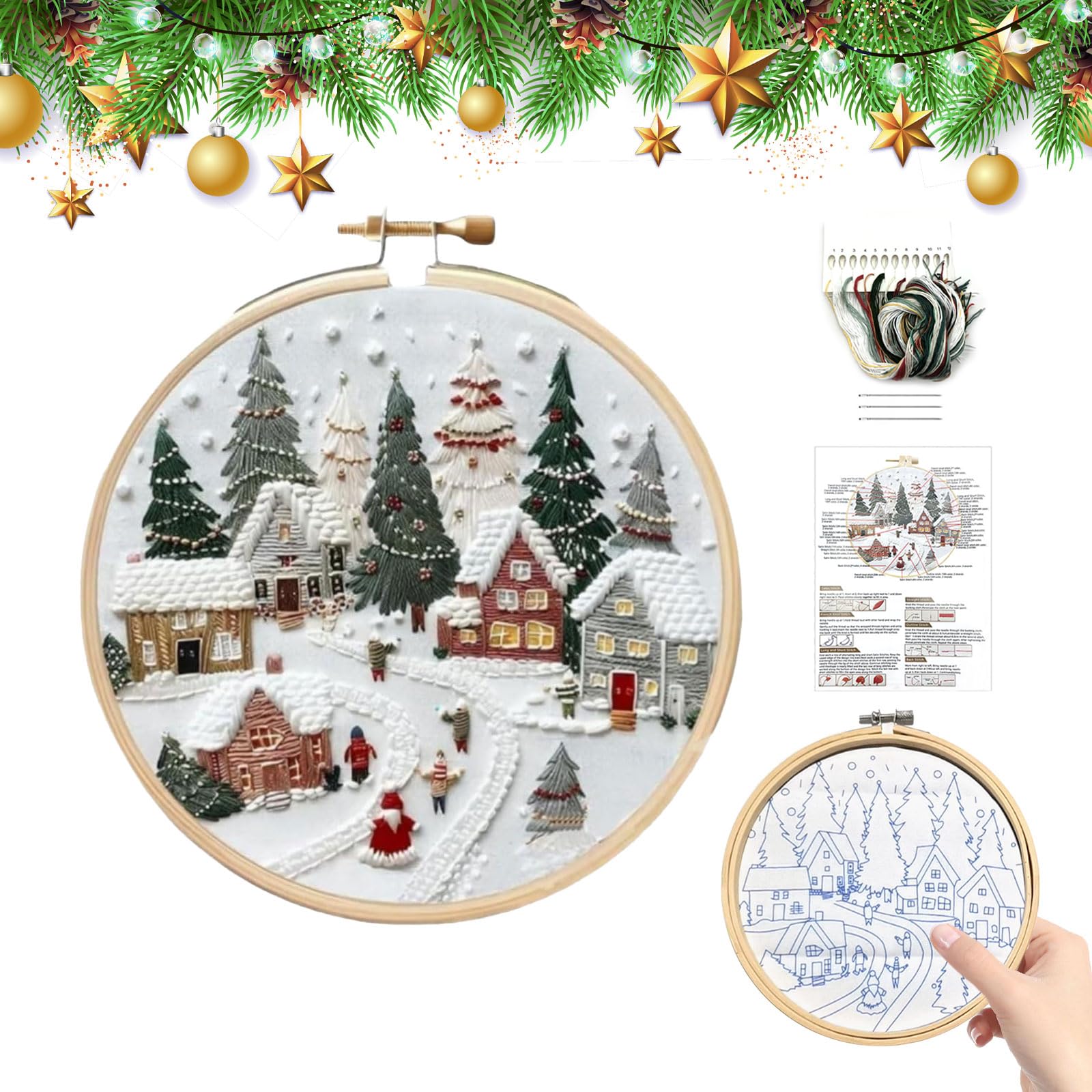 JAMSSOW Christmas Embroidery Kit,DIY Embroidery Needlepoint Supplies Kit for Adults Beginners,Handmade Sewing Craft Set,Christmas Embroidery Kits Crafts Includes Hoop Cloth Needles Threads(A)