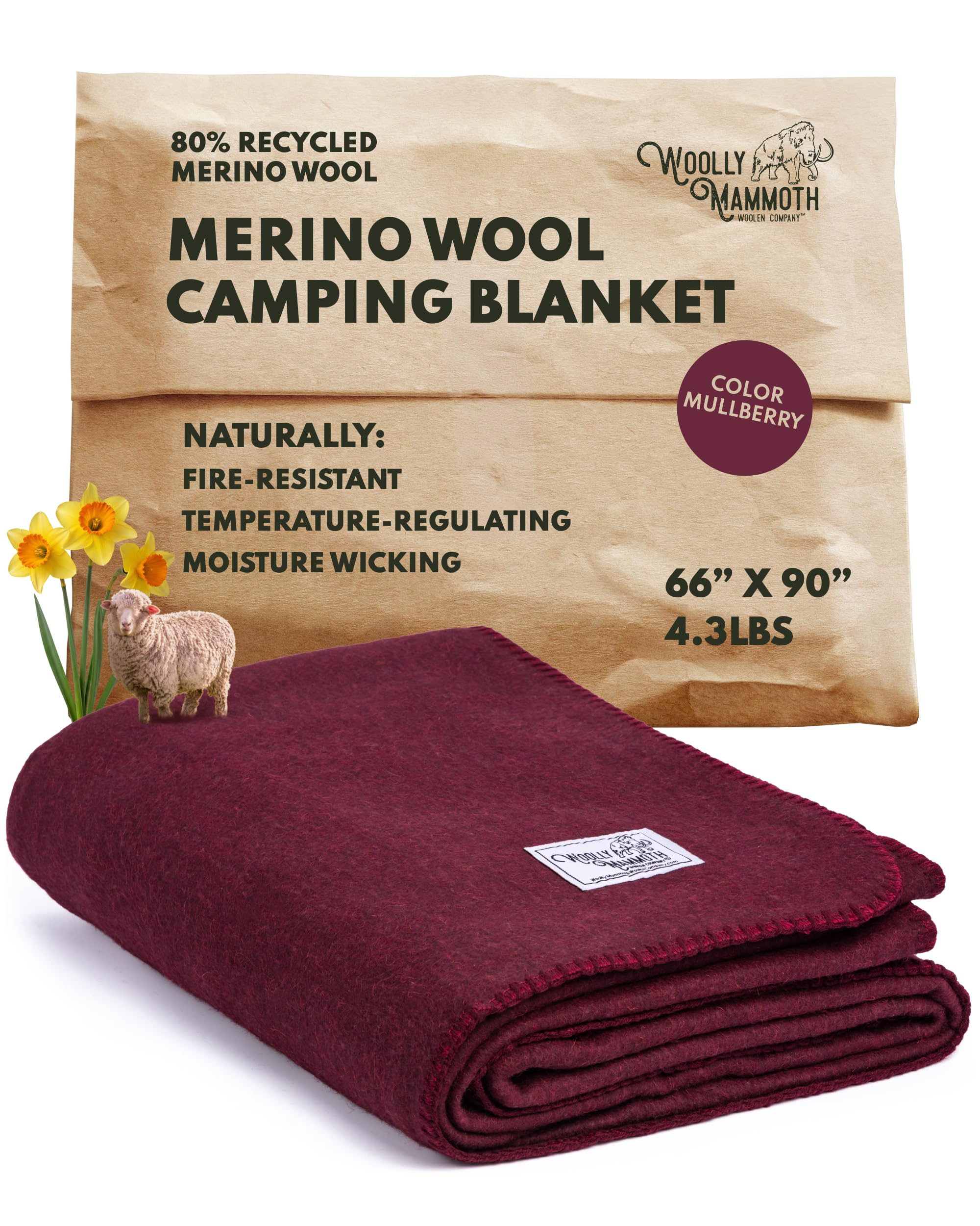 Woolly Mammoth Merino Wool Blanket - Large 66" x 90", 4LBS Camp Blanket | Throw for The Cabin, Cold Weather, Emergency, Dog Camping Gear, Hiking, Survival, Army, Outside, Outdoors – Burgundy