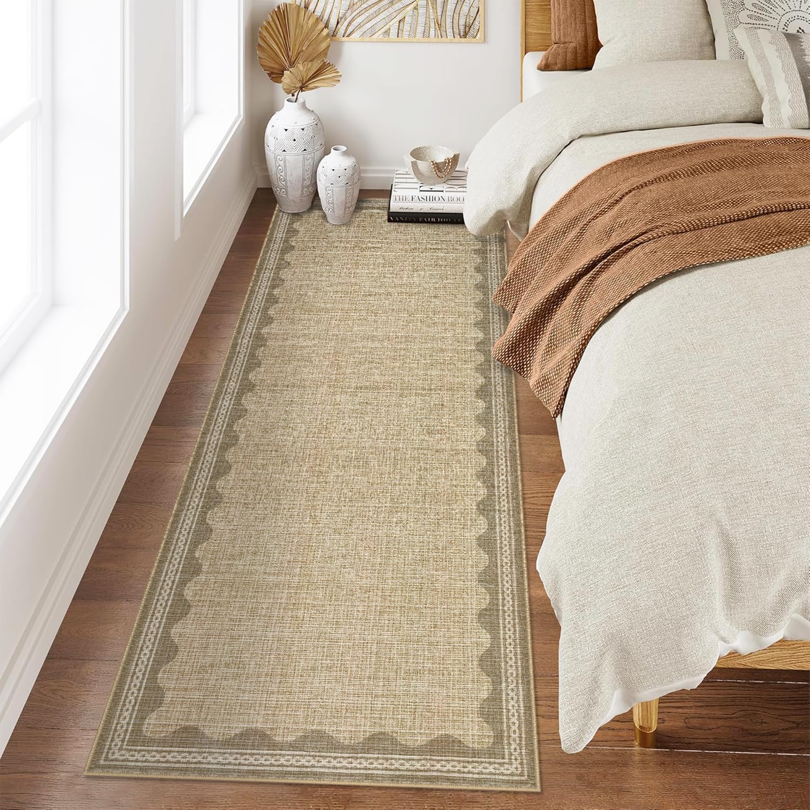 Photo 1 of CAREMEE Scalloped Rug 2x6 Runners for Hallways, Digital Solid Jute Runner Rug Non Slip Scalloped Bath Runner, Washable Rugs for Bedroom Girls, Rugs for Kitchen Floor Soft Dorm Nursery Carpet