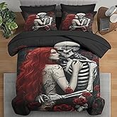 Pamnest Comforter Set King Size, Death Skeleton Black 7 Pcs Bedding for Kids and Adults, Lover Rose Bed Sheet Sets with Fitted Sheet 2 Pillowcases & 2 Shams for Bedroom Bed Decor