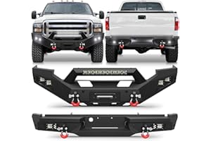 LONGSUN Front & Rear Bumper Fit for Ford F250/F350/F450 2005-2007, Pickup Truck Bumper Black with Winch Plate, D-rings and Lights (Compatible with 2005 2006 2007 F250 F350 F450)