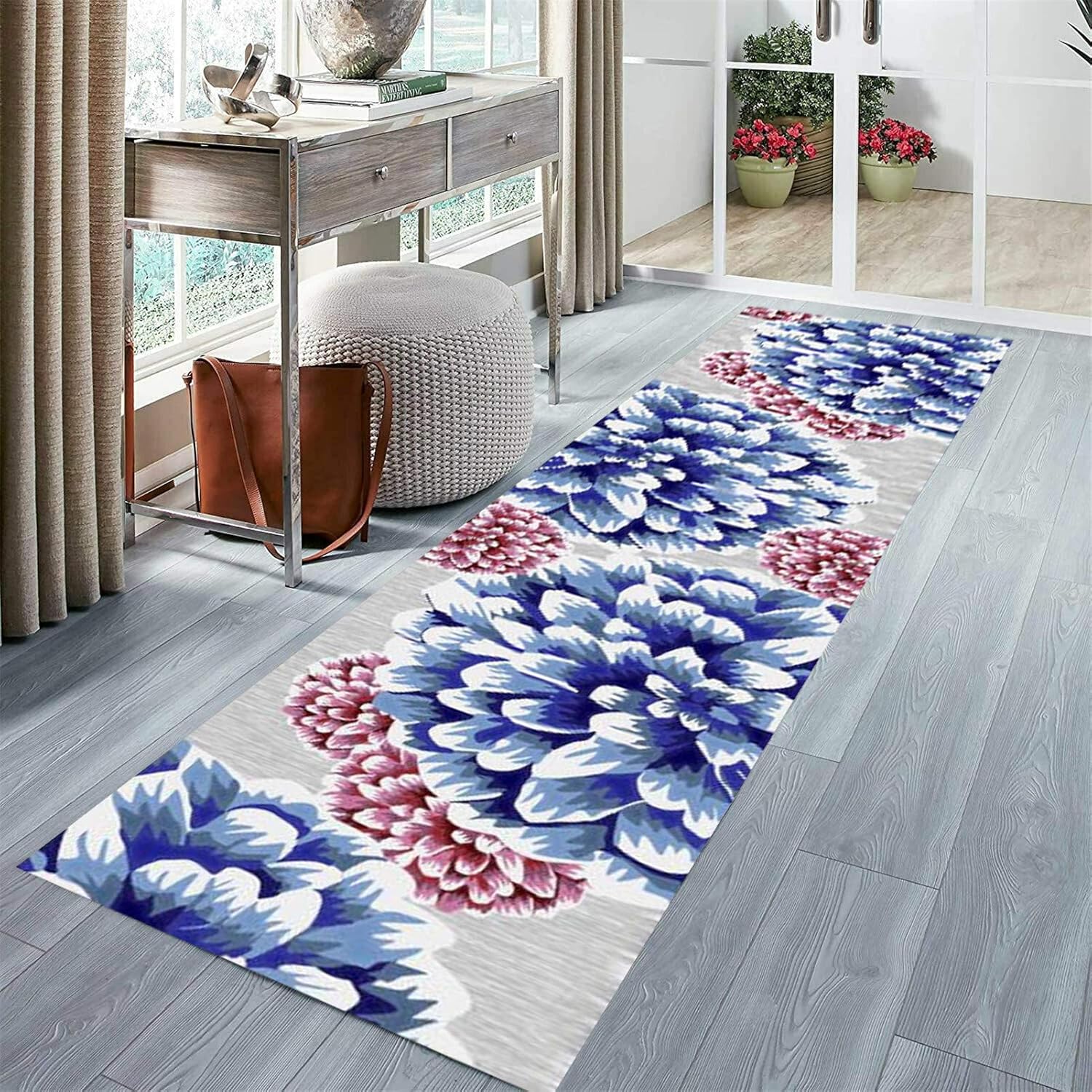 JIAWDYJ Hallway Runner Kitchen Rug Blue Flowers Non Slip Washable Anti Fatigue Hall Large Door