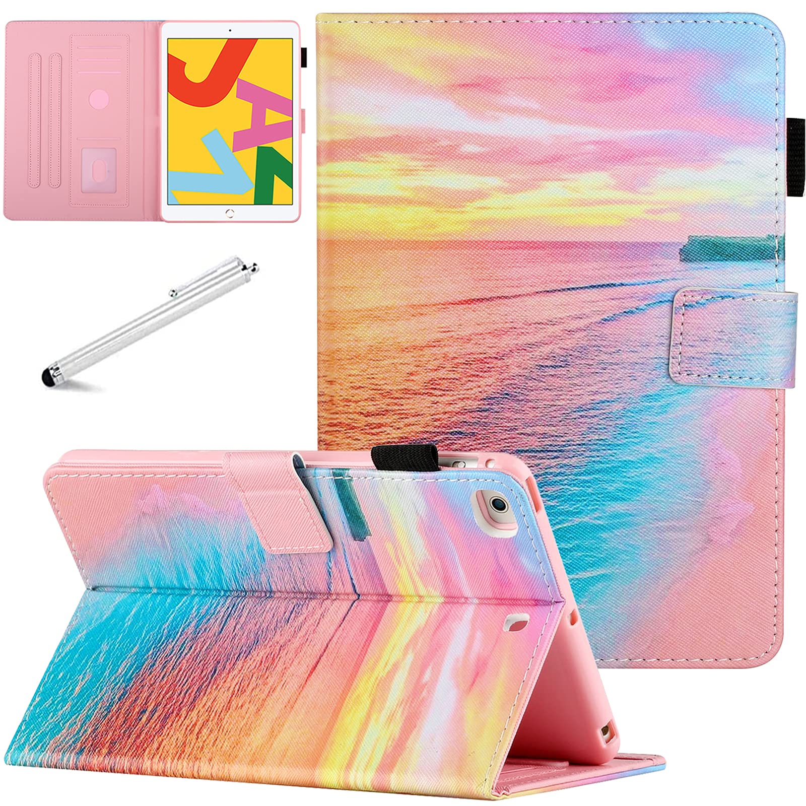 Fancity iPad 9th Gen Case - 10.2 Inch PU Leather Case with Pen Holder, Card Slot, Smart Wake/Sleep Stand, Sunset Beach