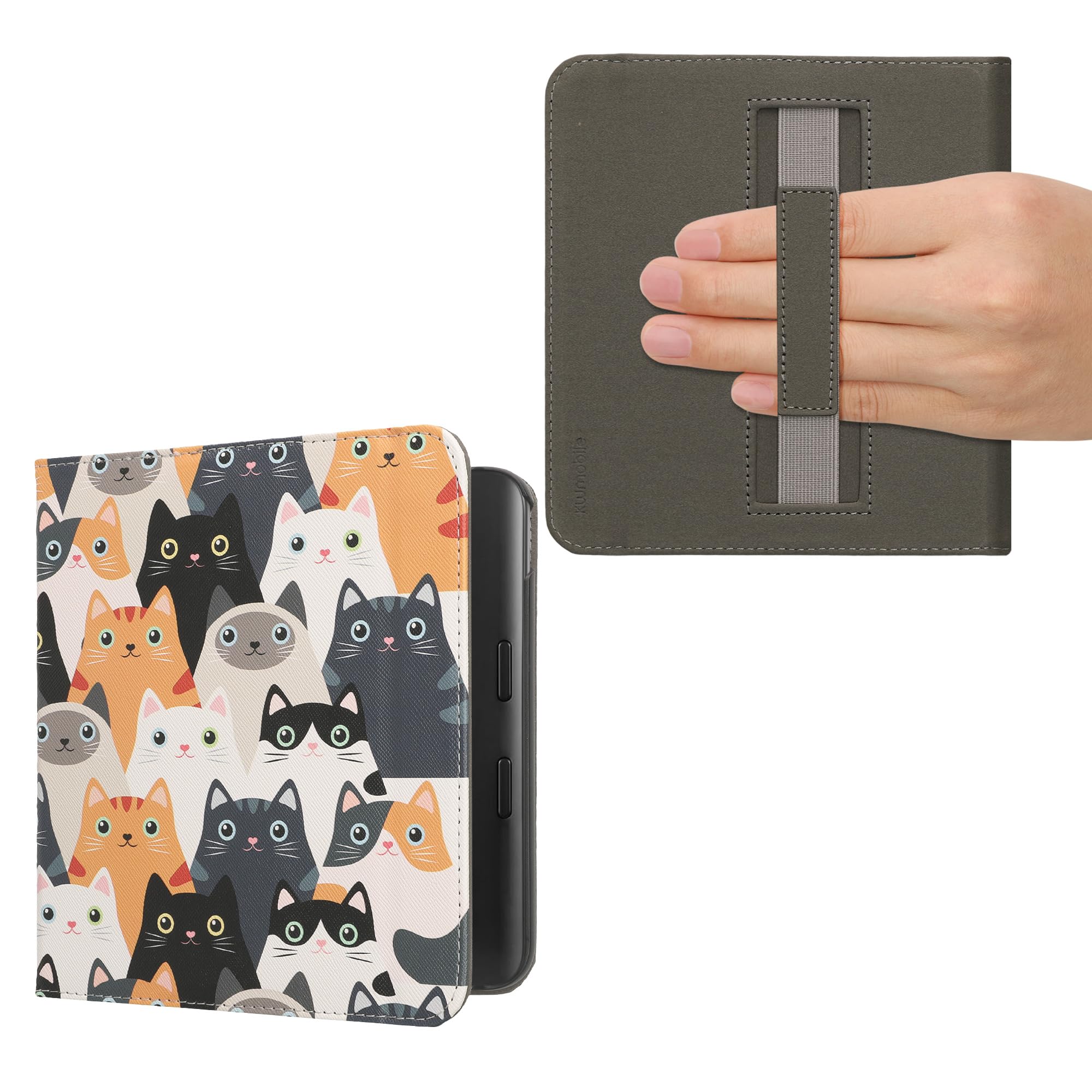 kwmobile Cover for Kobo Libra Colour Case - eReader Cover with hand strap and auto sleep funktion - Cats with Orange/Black/White