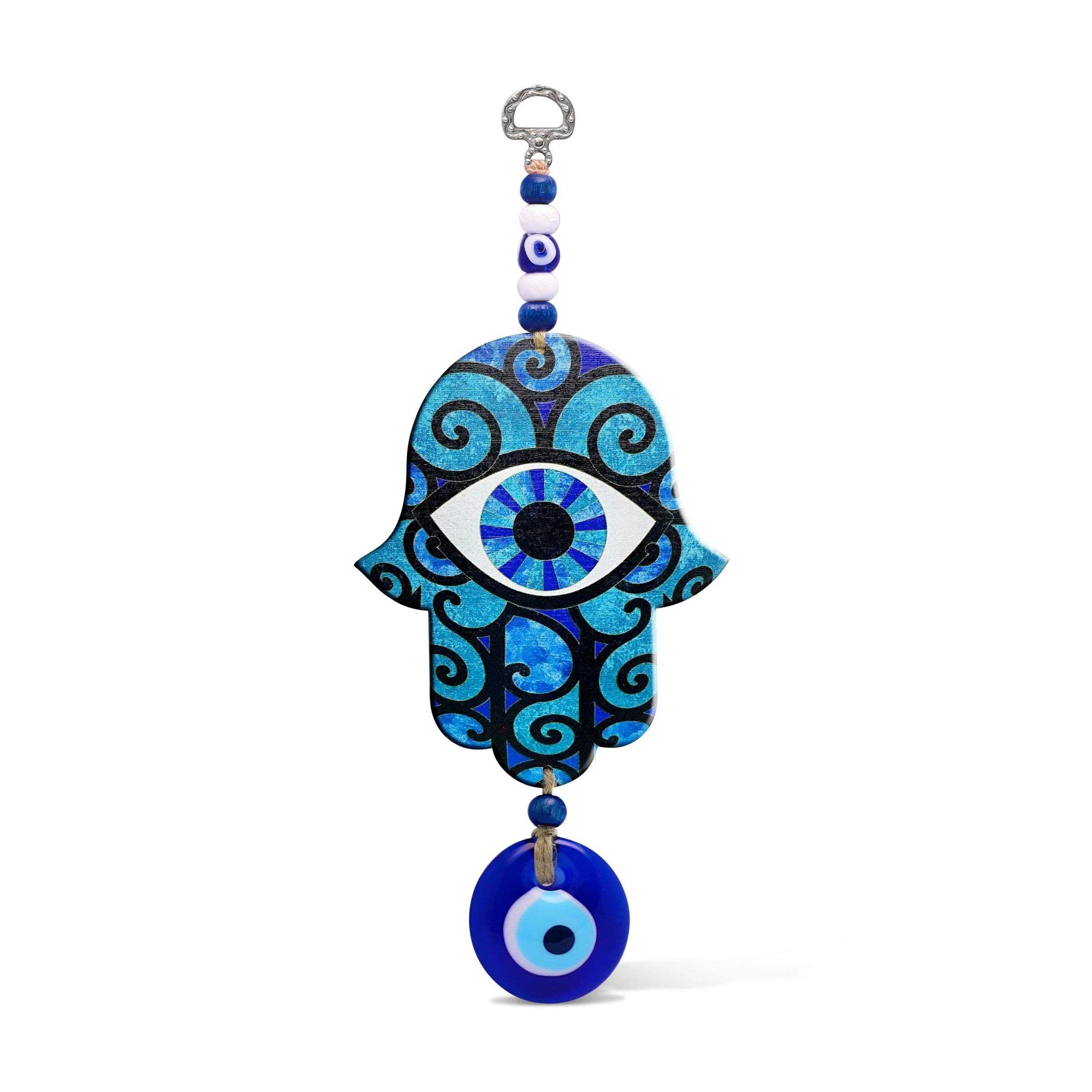MYSTIC JEWELS Fatima Hand Hamsa in Wood with Turkish Eye for Good Luck and Energy at Home 22x10cm