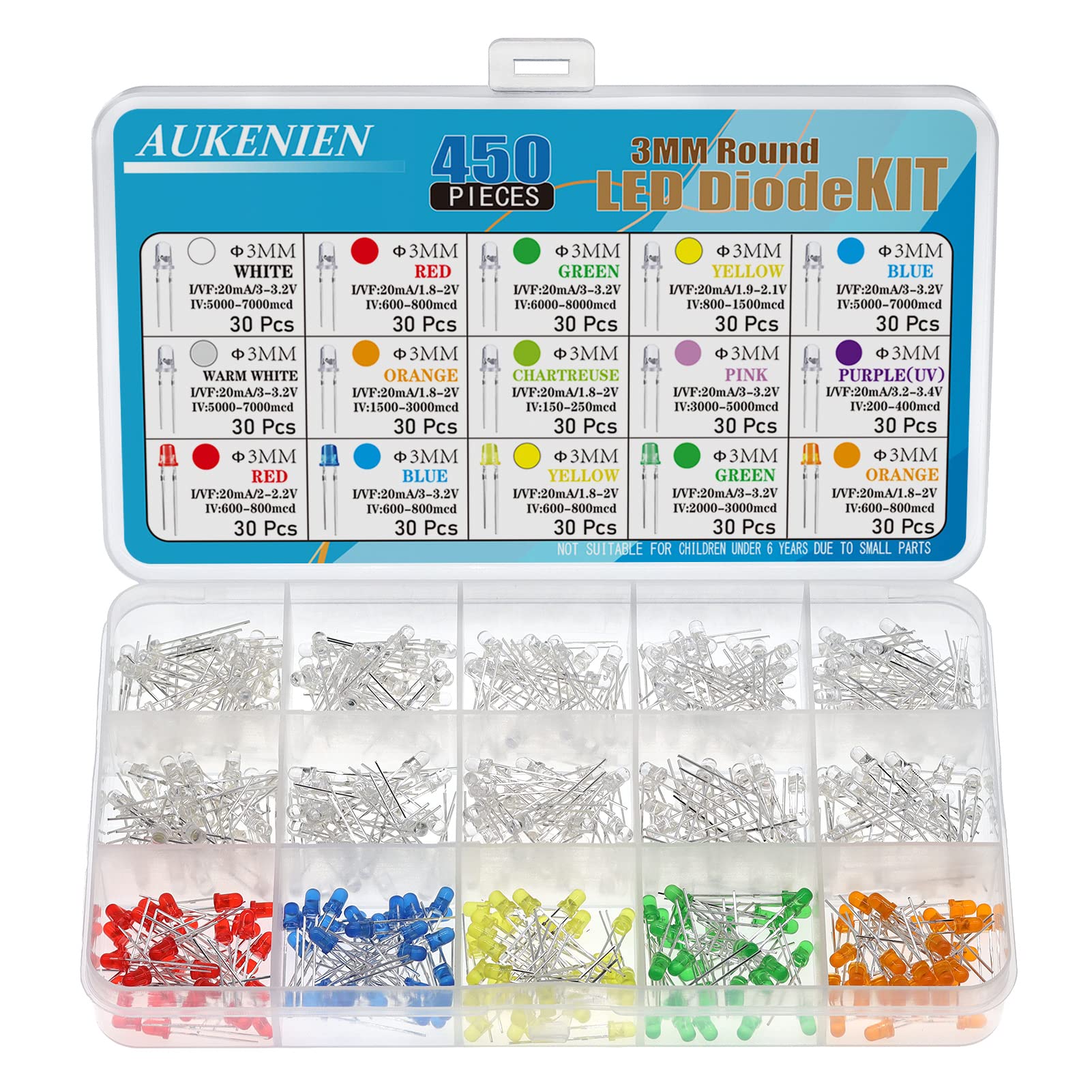 AUKENIEN 15 Colors 450pcs 3MM LED Diodes Light Emitting Diode Assortment Kit Red Blue Yellow Green Warm White orange Pink Purple Chartreuse Round Clear LED Lighting Bulb Lamp for Electronics