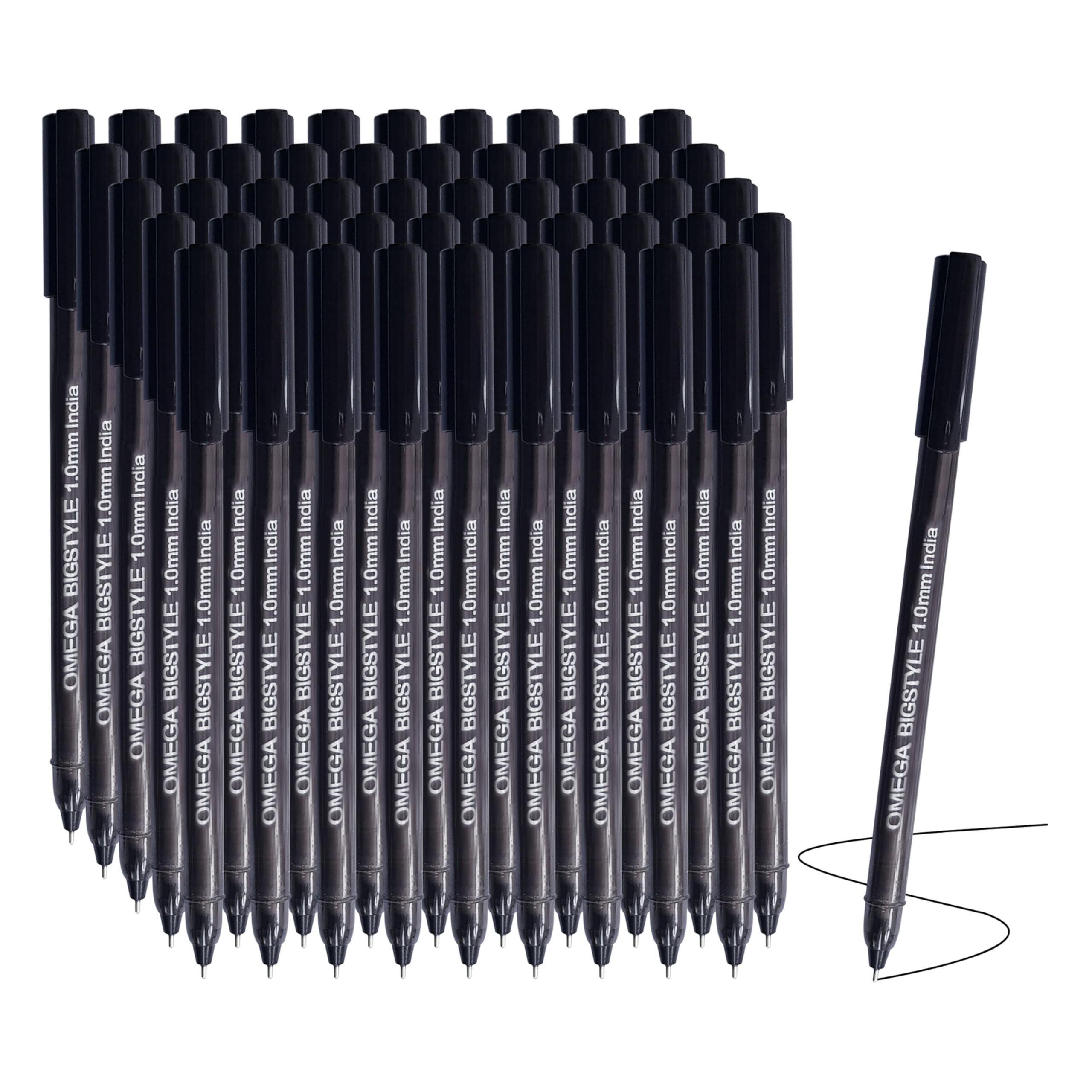 OMEGA BigStyle Ballpoint Pens, BLACK, Medium Point (1.0 mm), Pack of 20, Multipack, Smooth Ball Pens, Ideal for School Office Home Everyday Use