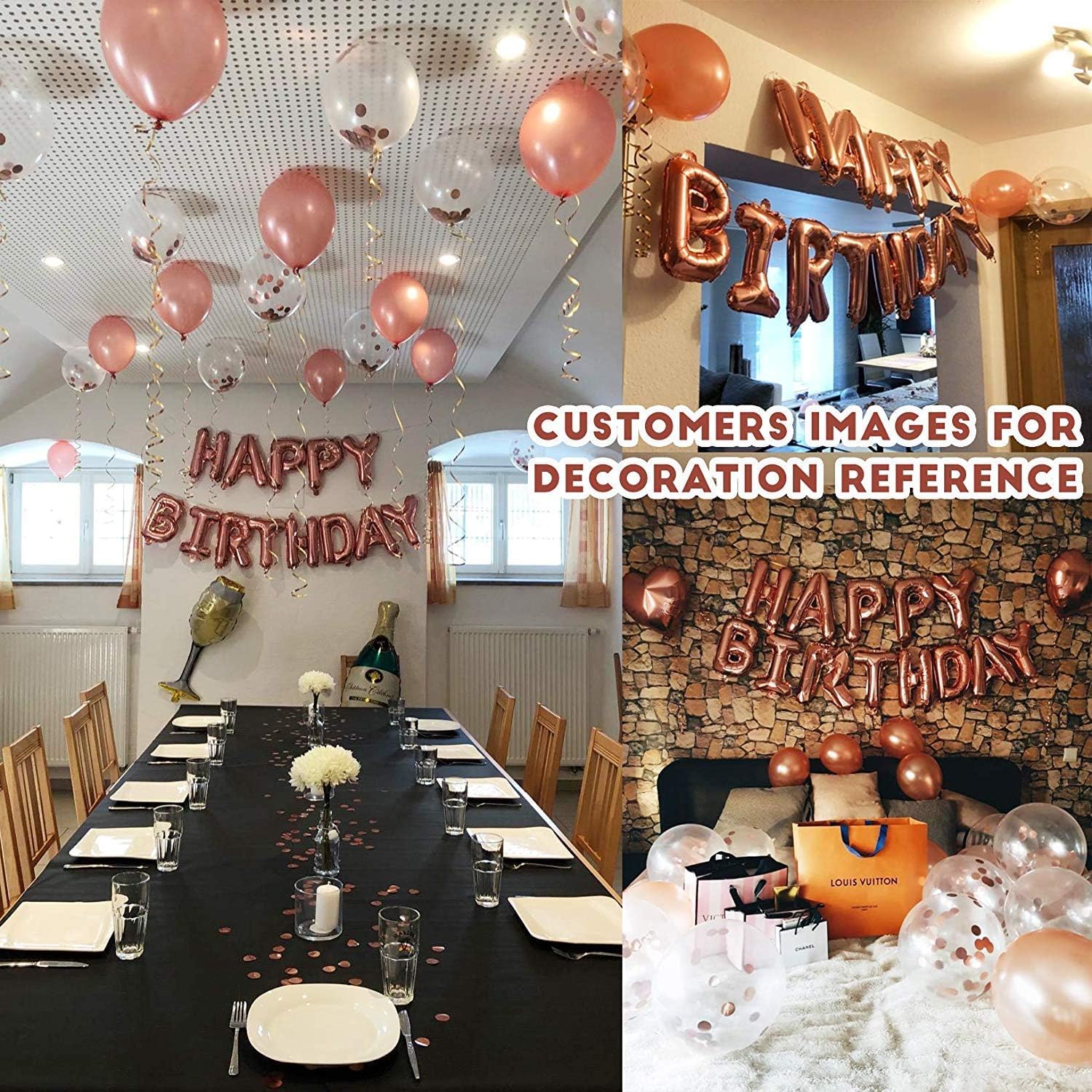 MOVINPE Rose Gold Birthday Party Decoration, Happy Birthday Banner, Rose Gold Fringe Curtain, Foil Tablecloth, Heart Star Foil Confetti Balloons, 10g Table Confetti for Women Girl Birthday Party: Toys & Games
