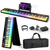BESFAN Foldable Piano Keyboard 88 Keys Digital Piano with Light Up Keys | 88 Key Semi-Weighted Keyboard Piano with Sustain Pedal, Speakers, Battery, MIDI Keyboard for Beginners/Home/Travel/Gifts