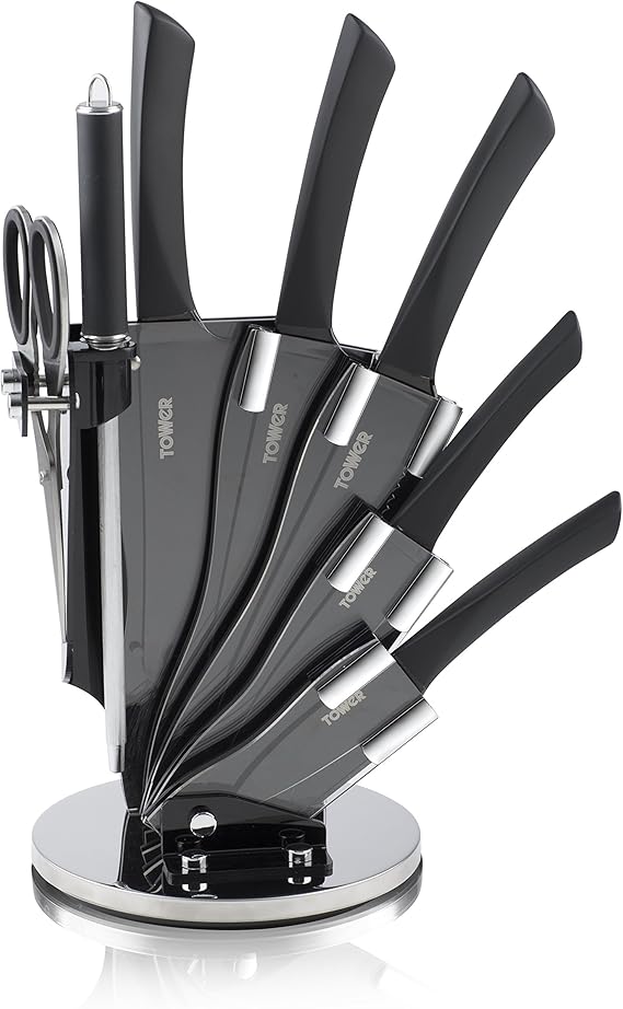 Tower Kitchen Knife Set with Rotating Acrylic Knife Block, Stainless Steel, Black, 7 Pieces