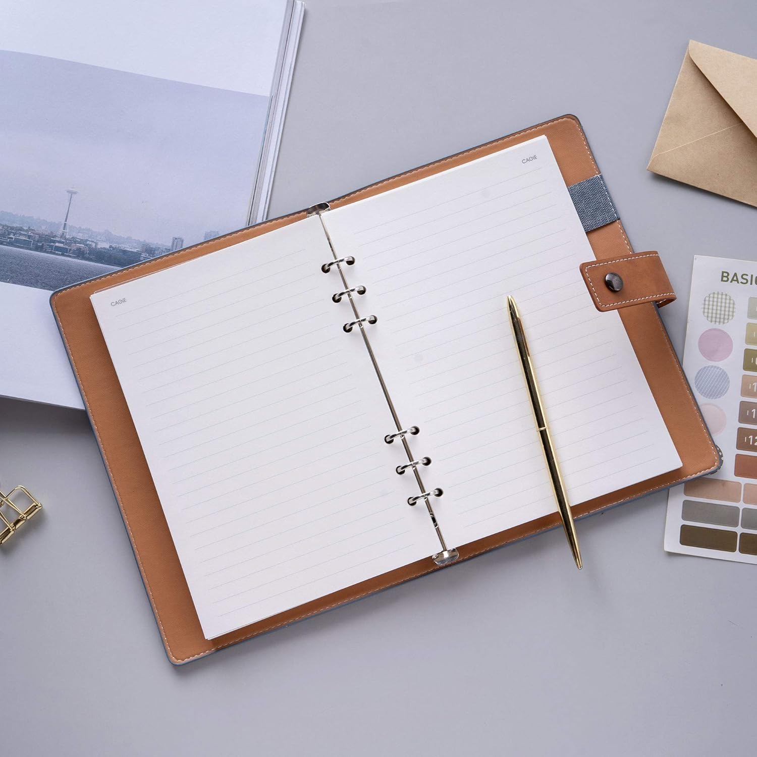 CAGIE A5 Refillable Faux Leather Traveler Notebook Binder Journals 6 Ring Binder Personal Organizer Travel Diary for Women Men Lined Grid Blank Paper with Calendar : Office Products