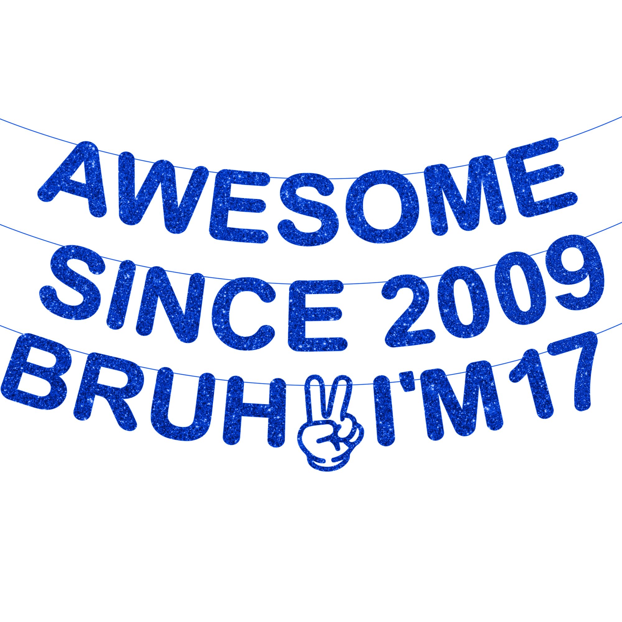 17th Birthday Decorations Banner Boys - 3 Pcs Pre-Strung Blue Glitter Awesome Since 2009 Bruh I'M 17 Lettering Banner for Boys Girls Teens 17 Year Old Birthday Celebrations Party Decor Supplies