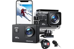 WOLFANG GA100 Action Camera 4K 20MP Waterproof 40M Underwater Camera EIS Stabilization WiFi 170° Wide Angle Helmet Camera with External Microphone, Remote Control, 2 Batteries and Accessory Kit